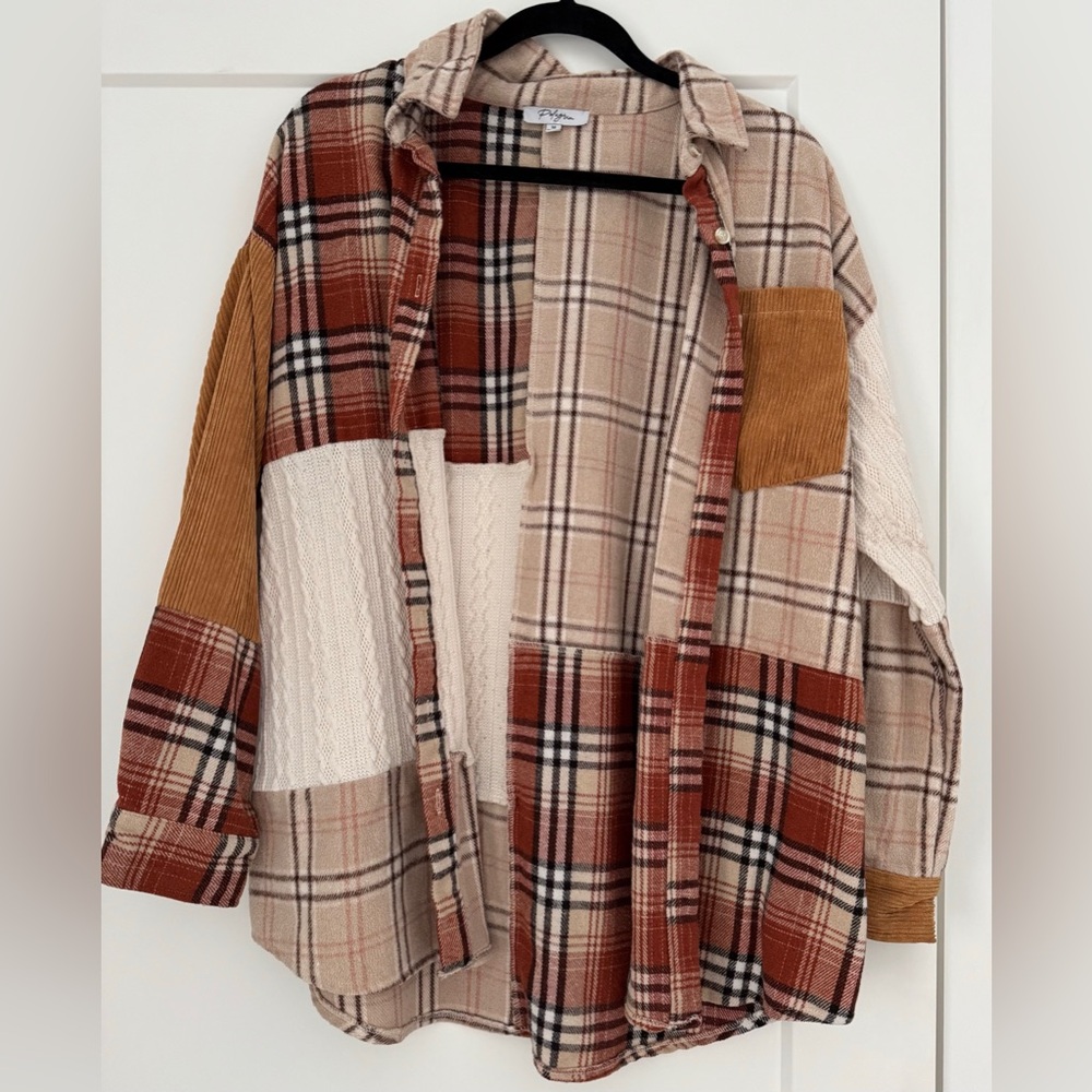 Polagram Plaid Colorblock Patchwork Button-Up Shi… - image 3